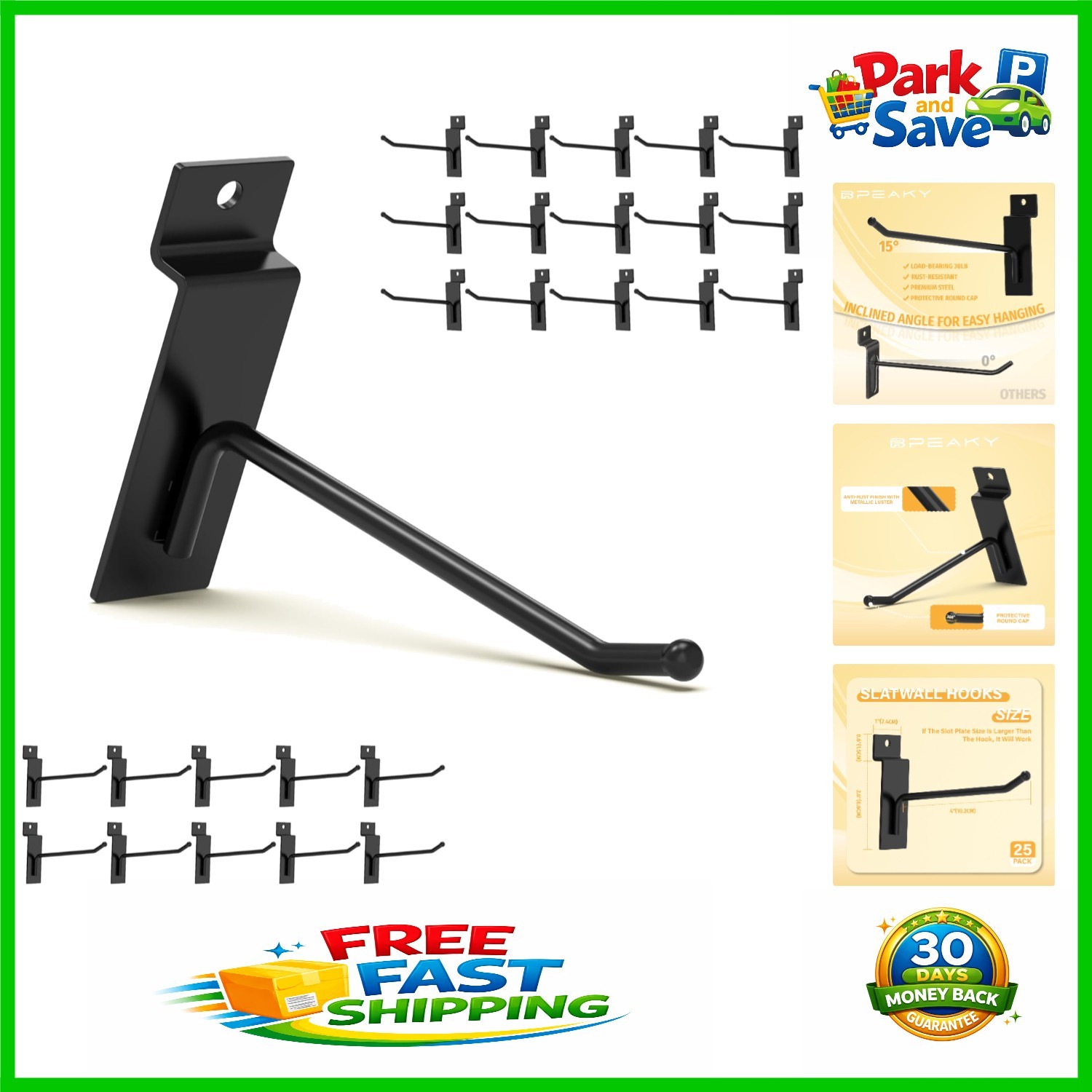 Industrial Black Slatwall Hooks, 25PC, Adjustable & Rust Resistant - 4 Inch Size