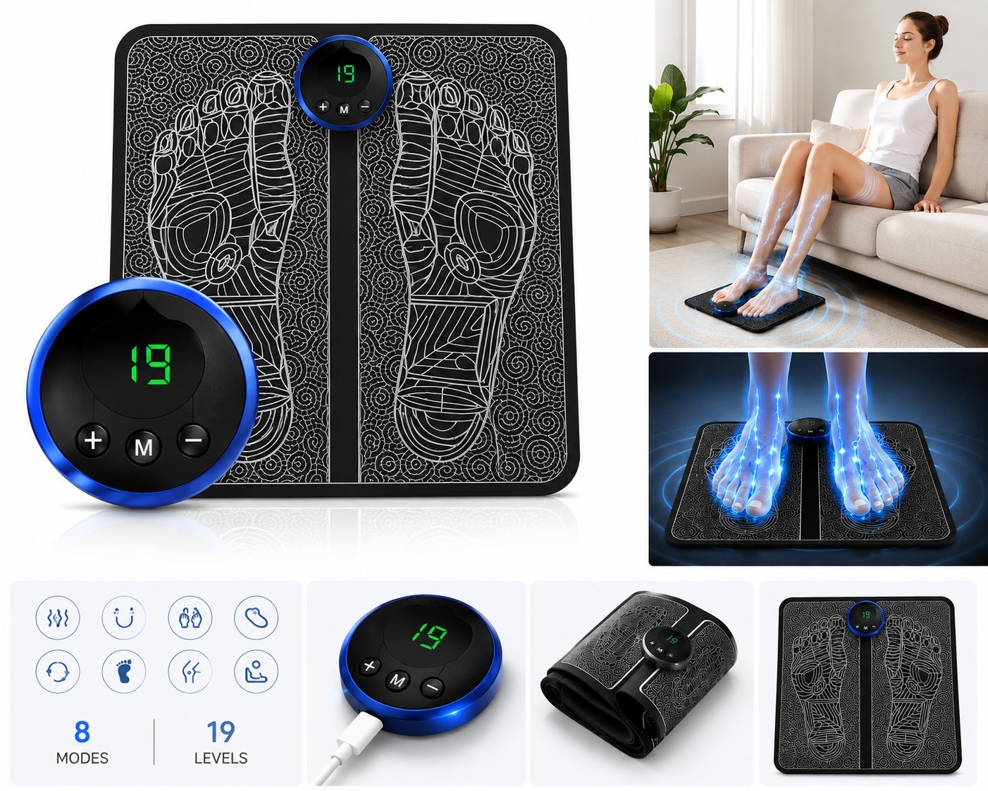 19 Level EMS Electric Foot Massager Pad Muscle Stimulator Blood Circulation Mat