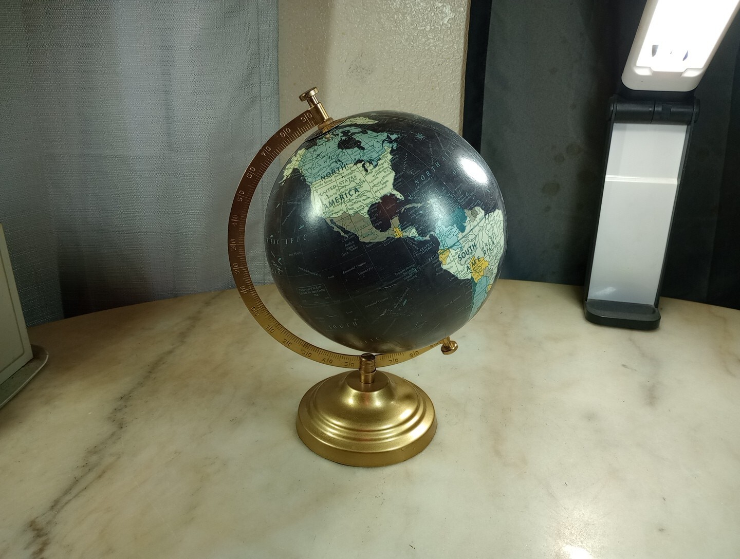 Designco 8" World Globe-Black with Brass Metal Base and Mounting Arm