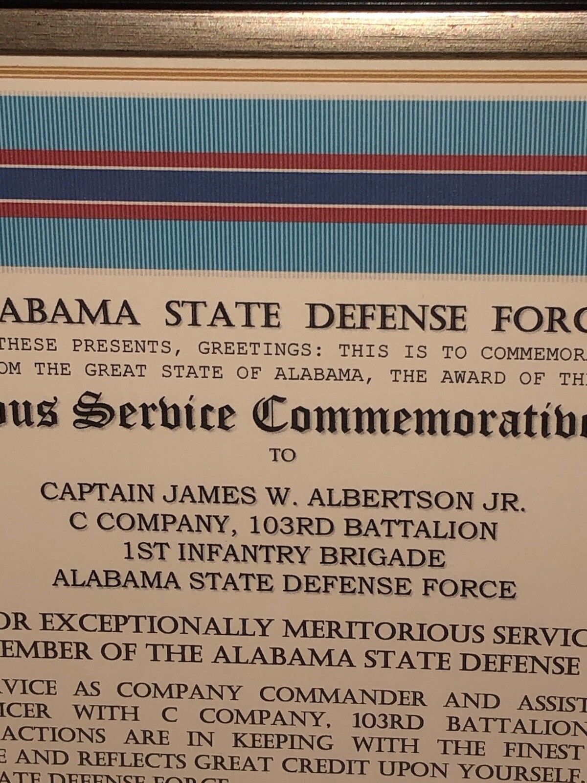 ALABAMA DEFENSE FORCE / MERITORIOUS SERVICE COMMEMORATIVE RIBBON CERTIFICATE