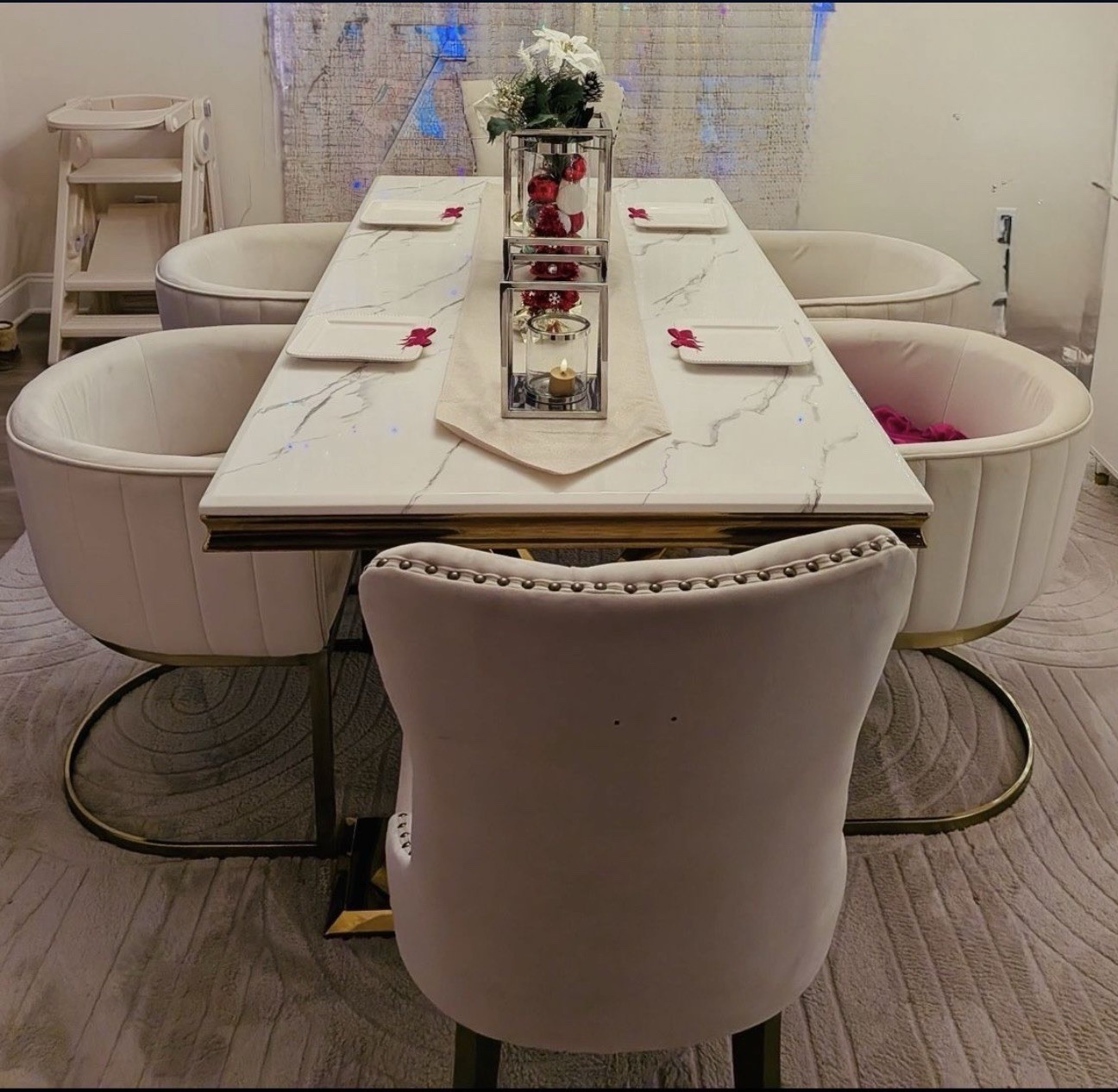 Modern Marble Dining Table Set Gold Base Upholstered Chairs White Rectangular 6