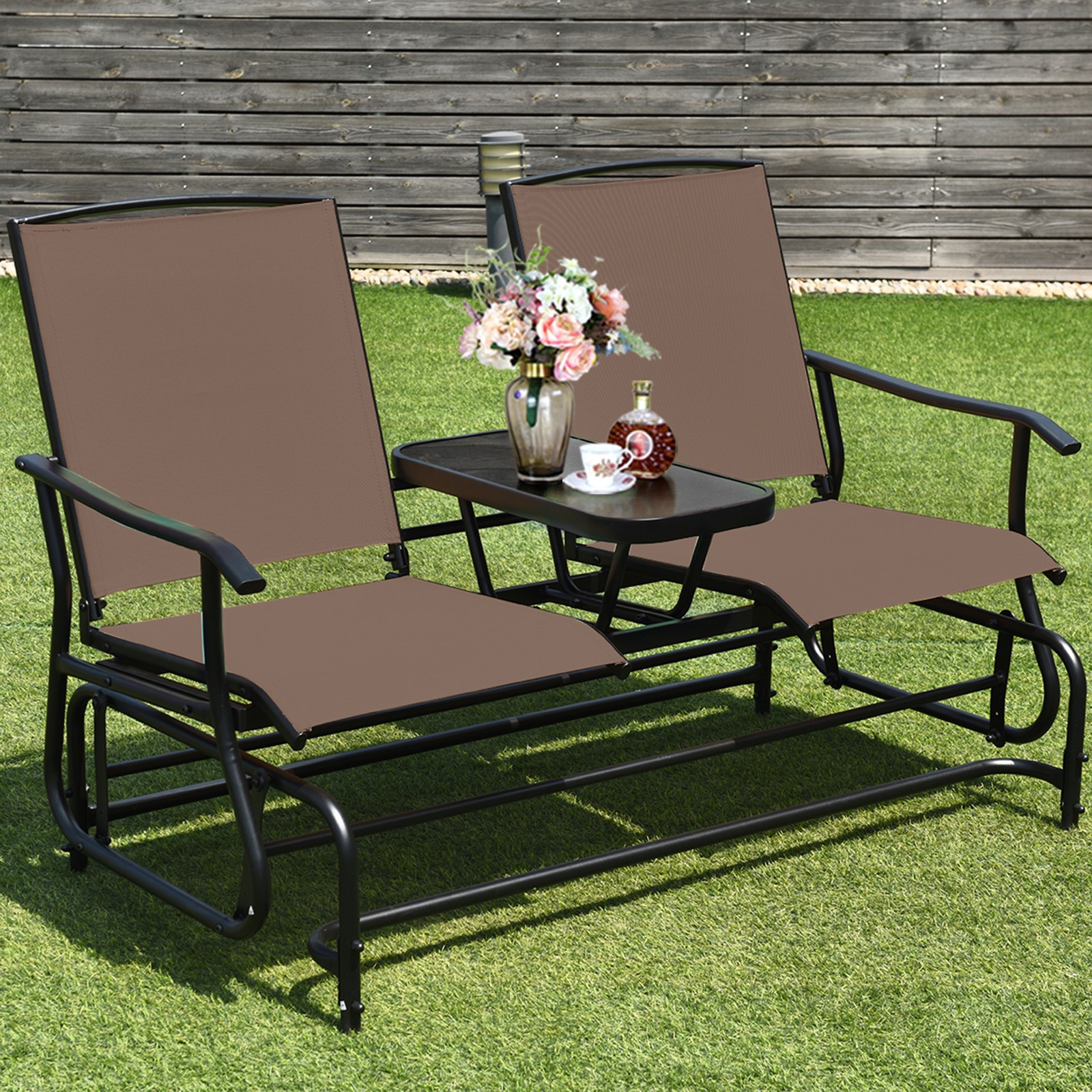 Patio 2-Person Glider Rocking Char Loveseat Garden w/ Tempered Glass Table Brown