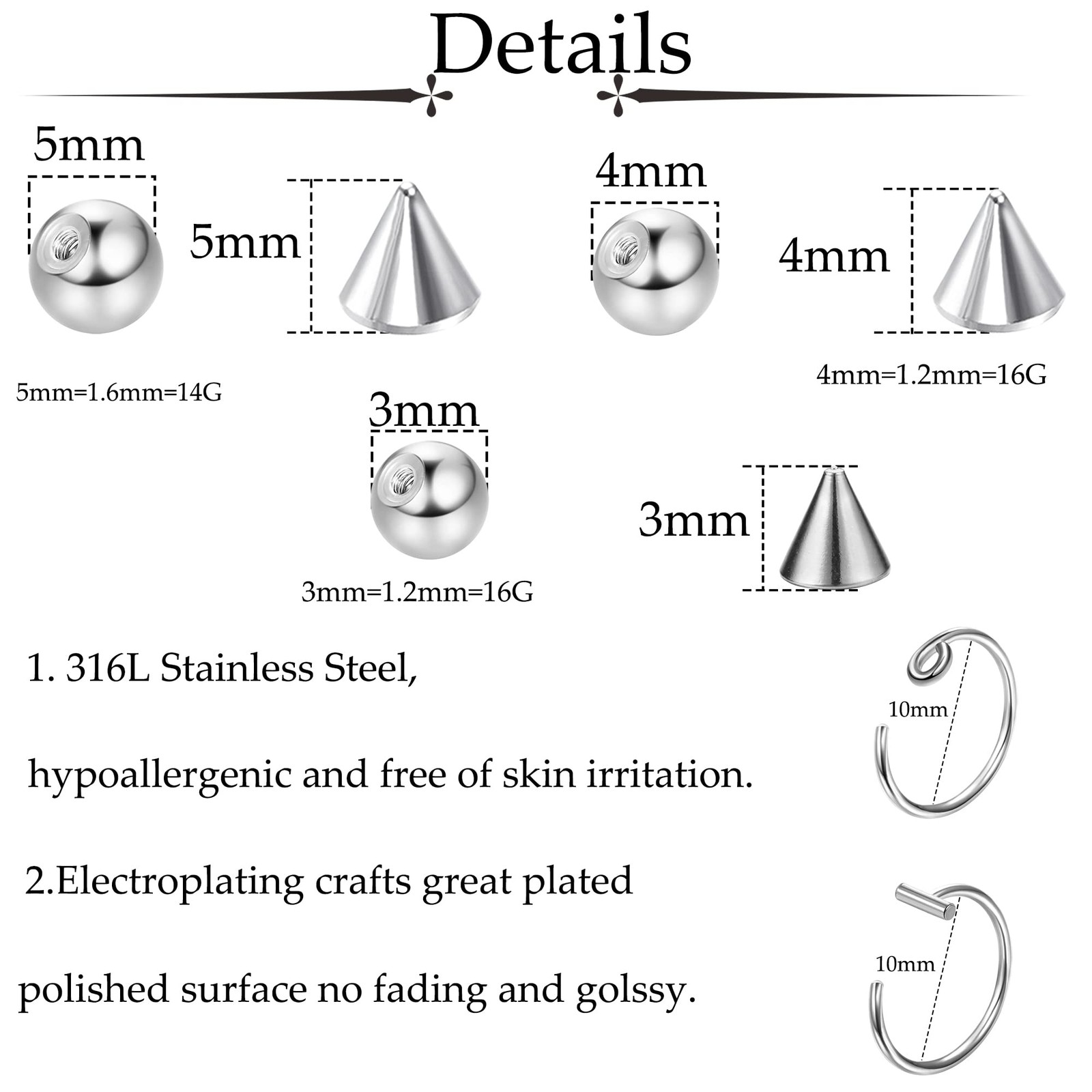 TEN MIRO Fake Eyebrow Ring Lip Labret Studs Replacement Balls Silver