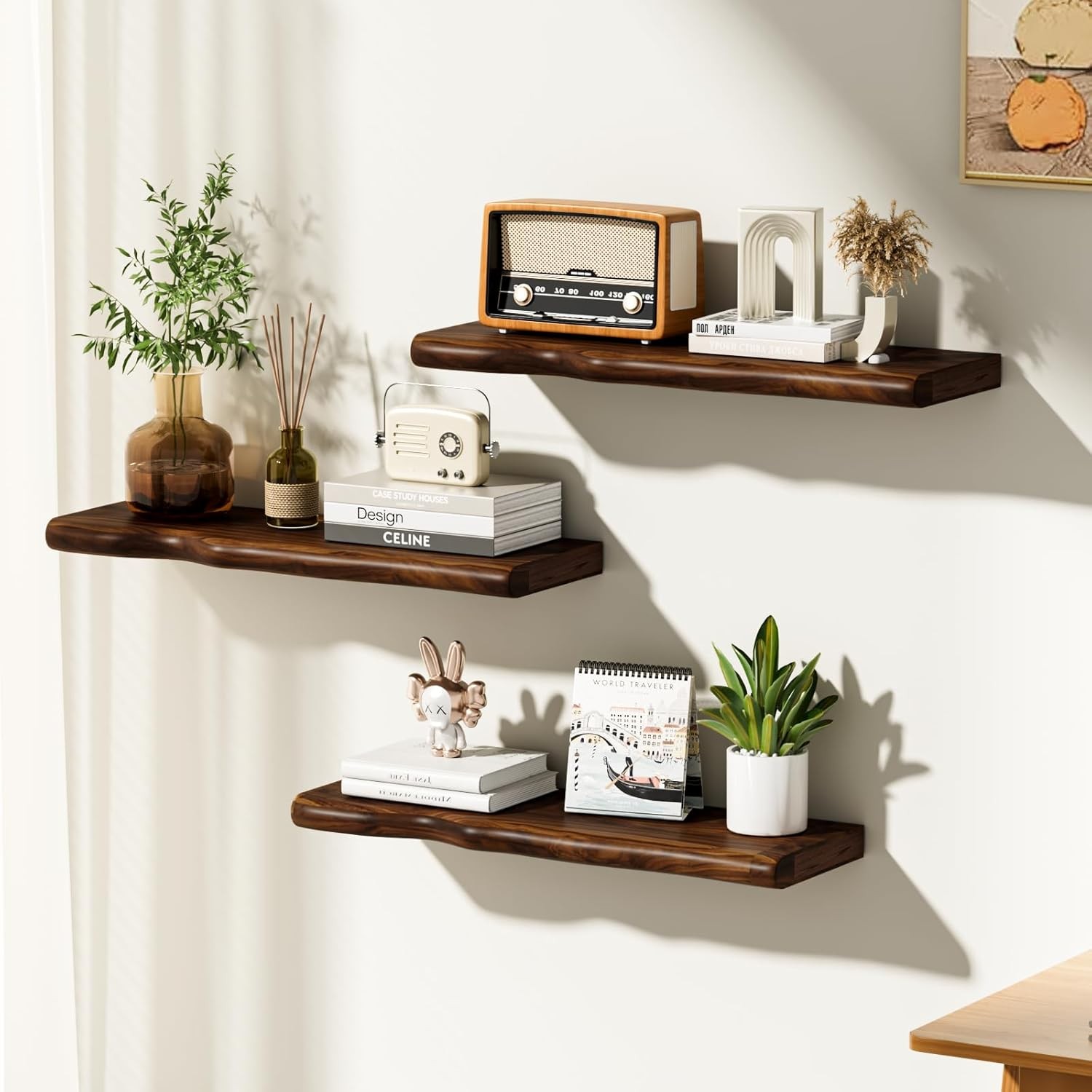 24in Solid Wood Live Edge Floating Shelves Rustic Wall Shelf Set Walnut
