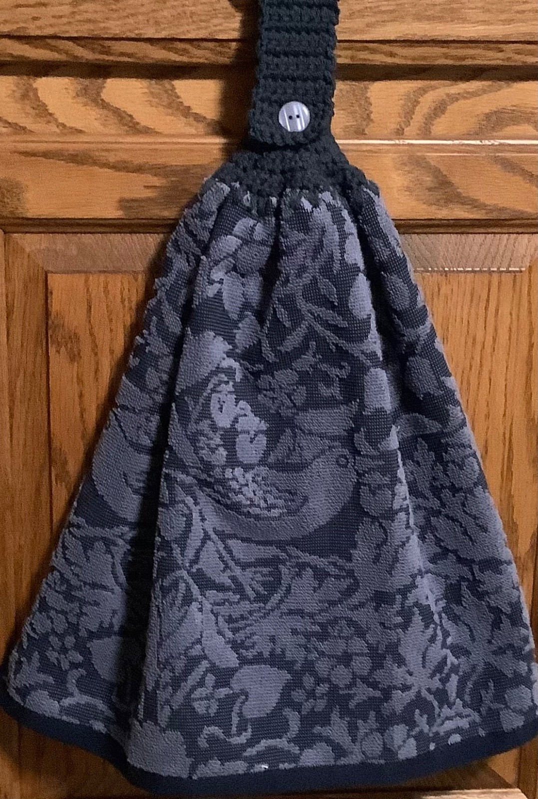 Double blue hanging kitchen towel bird flowers  crocheted blue top