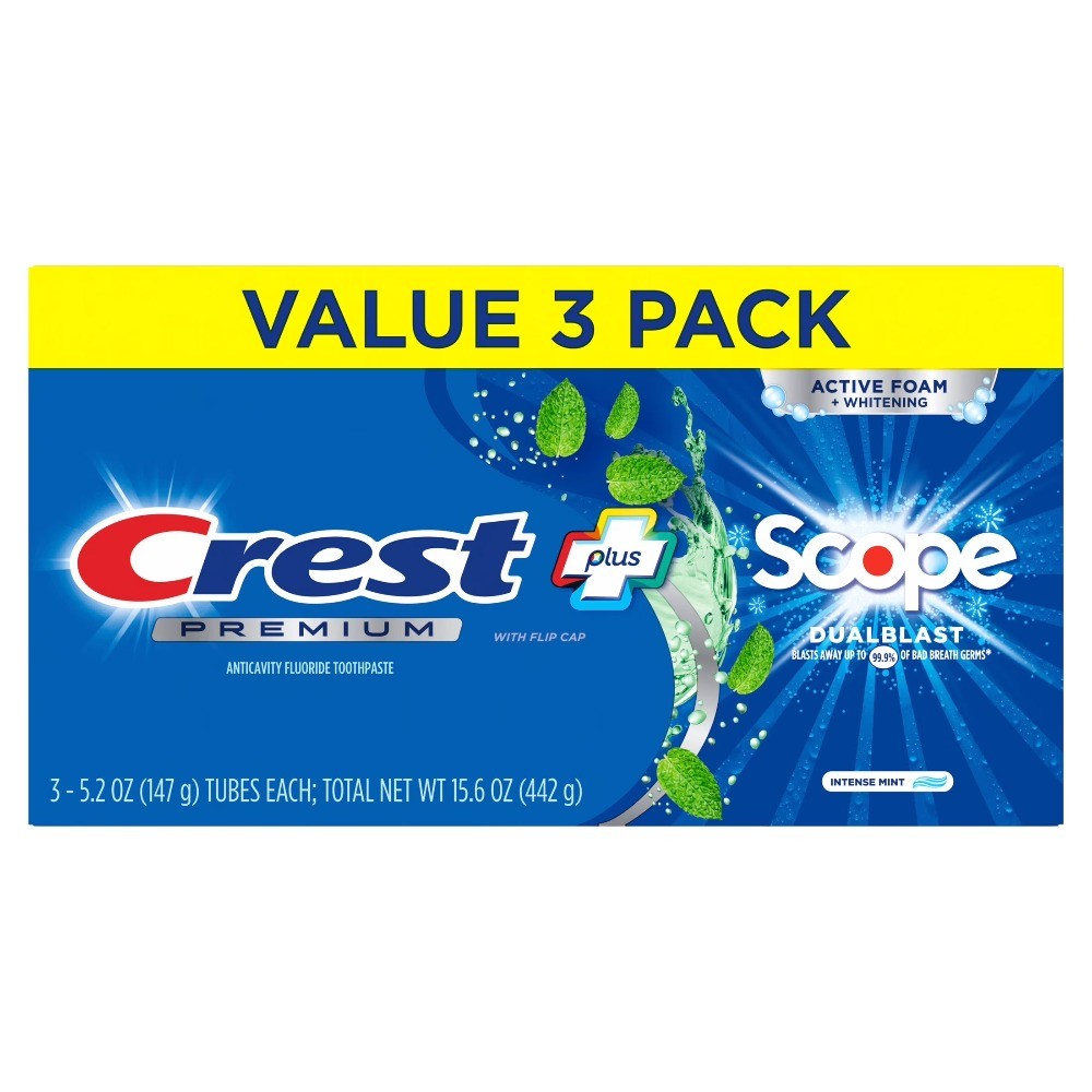 Toothpaste, Premium Plus Scope Dual Blast Toothpaste, Mint, 5.2 oz, 3 Pack