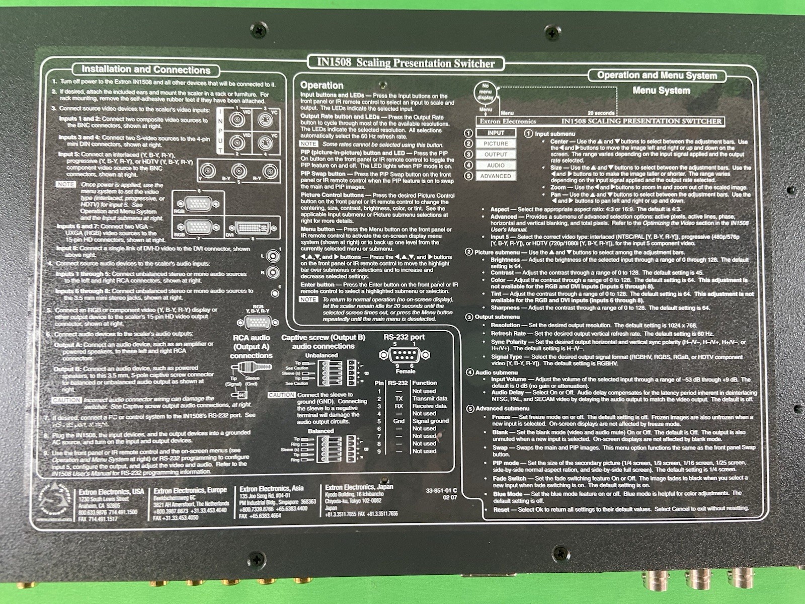 Extron IN1508 Scaling Presentation Switcher – 8 Input, VGA/Component, Rack Ears