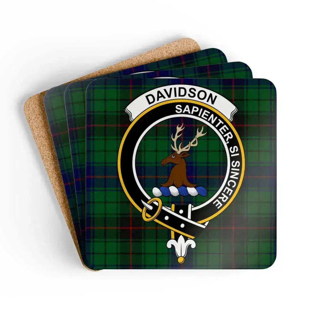 Davidson Clan Crest Scottish Tartan Coaster Set