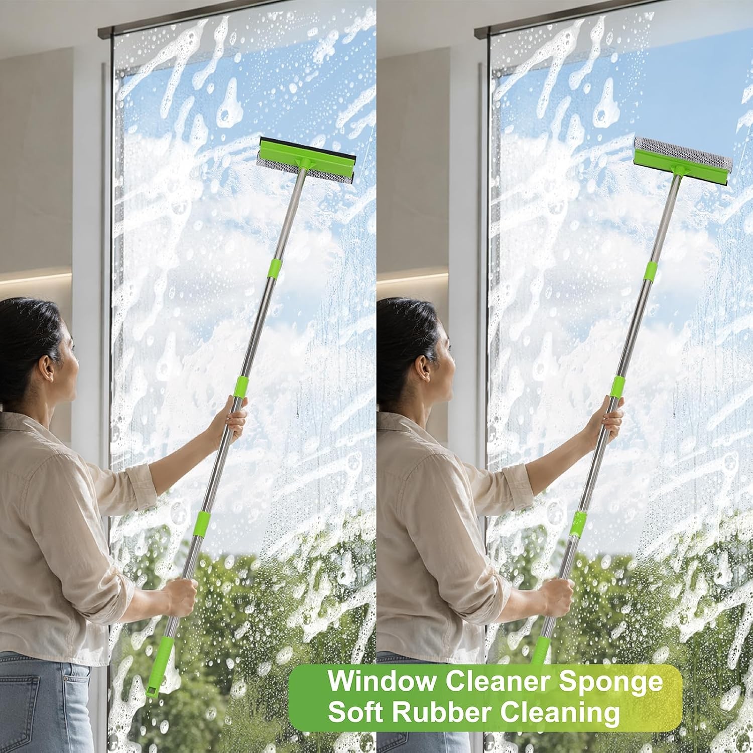 2 in 1 Window Squeegee with 55" Long Stainless Steel Handle,Sponge Car Squeegee