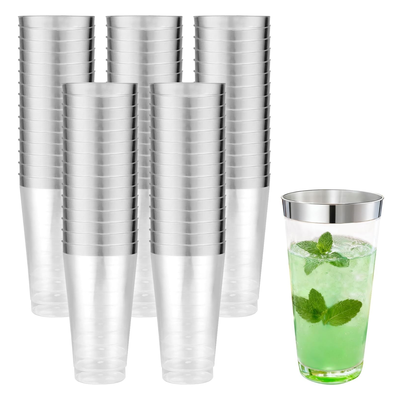 100 Pcs Silver Rimmed Plastic Tumblers - 16 oz Clear and Silver Rim Plastic W...
