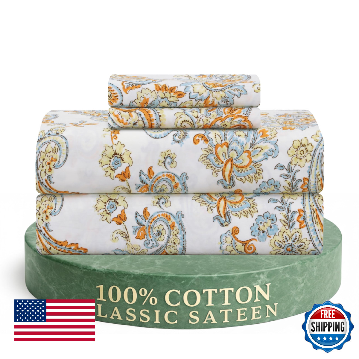 Feather & Stitch 300TC Queen Size 100% Cotton Sateen Weave Printed Sheet Set, Co