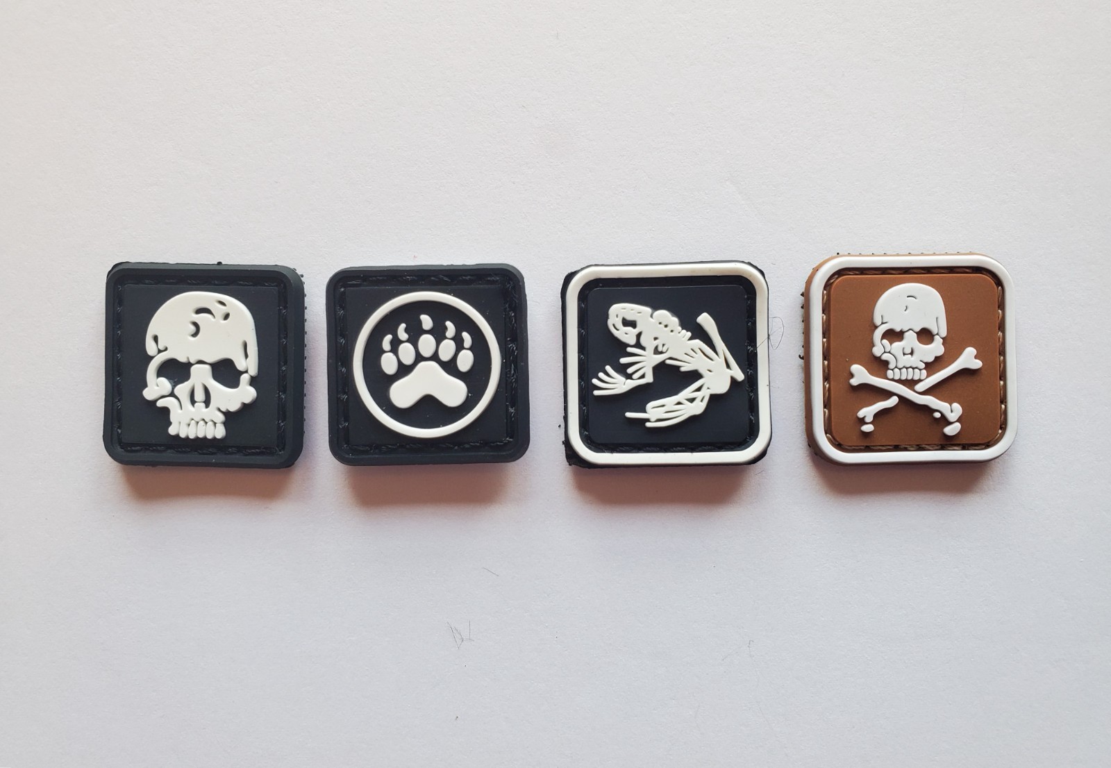 Skull Crossbones, Paw & Frog PVC Mini Morale Patch Set of 4 Hook & Loop Backing