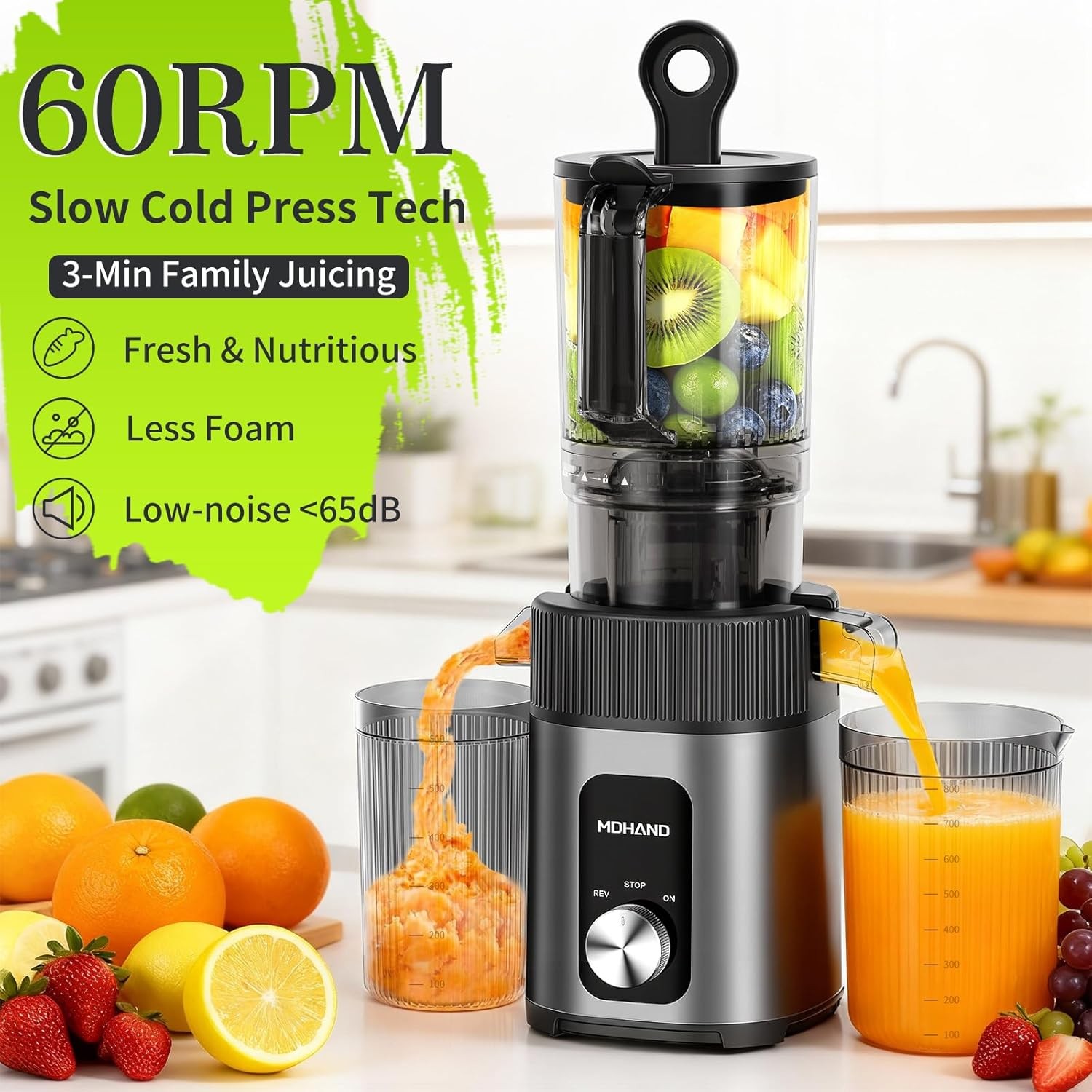 Cold Press Masticating Juicer Machine 4.35" Wide Chute Quiet Juicer Easy Clean