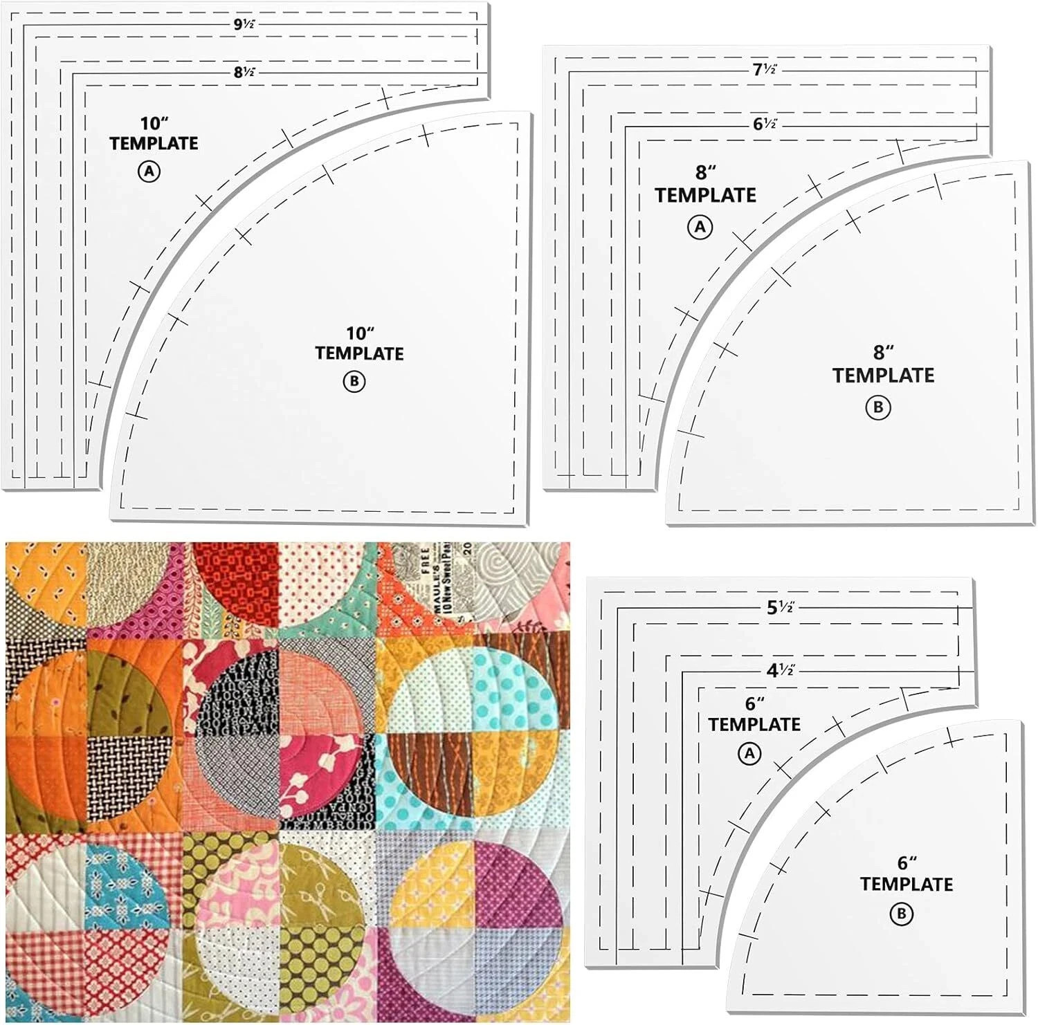 Drunkards Path Quilting Templates Set 10 8 6 Clear with 1/4 Seam