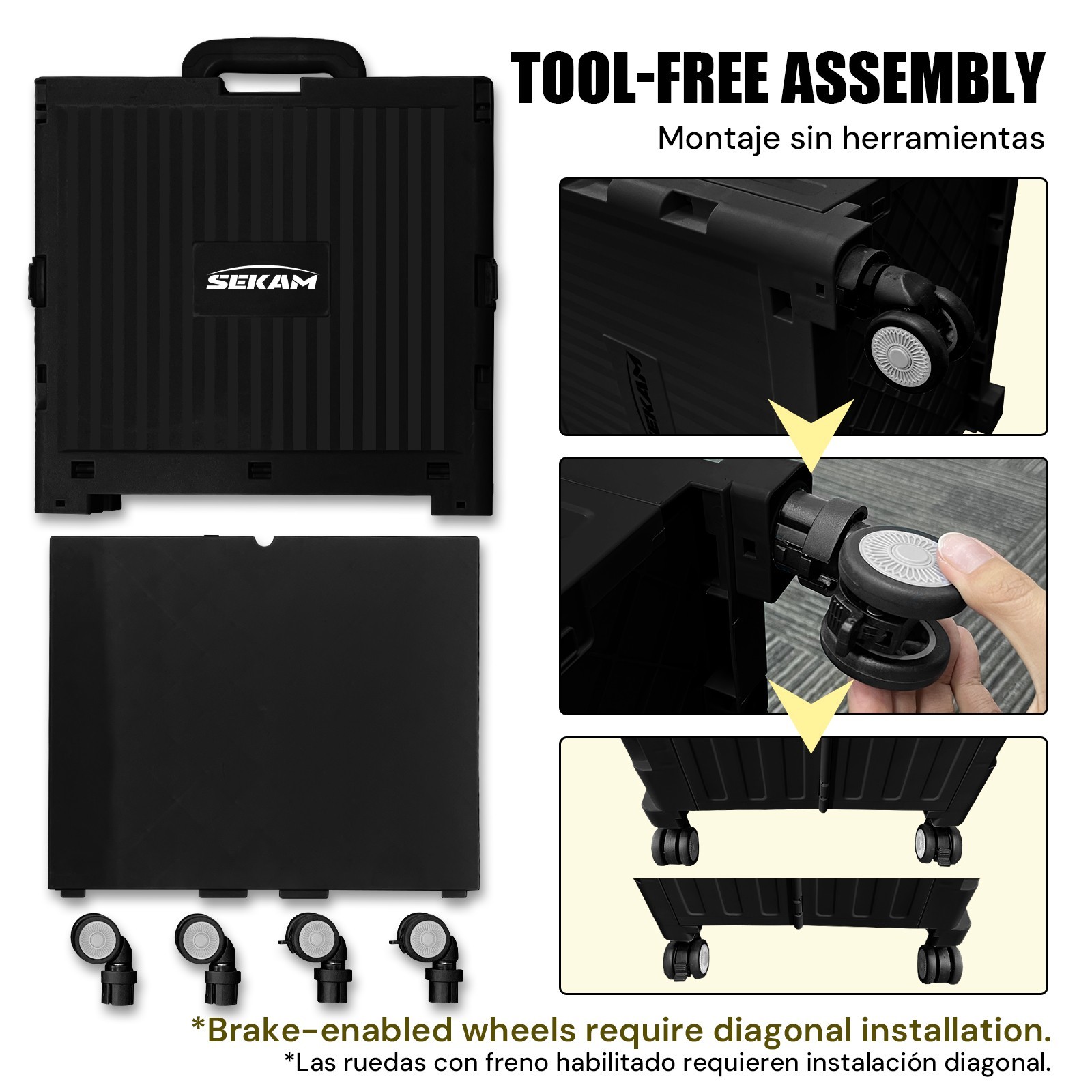 Foldable Rolling Crate with Lid & Telescopic Handle Portable Utility Cart Black