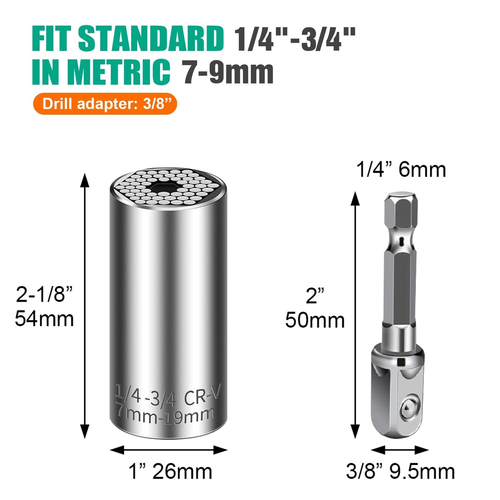 2 Pack Universal Adjustable Socket Wrench Set 7-19mm w/Drill Adapter