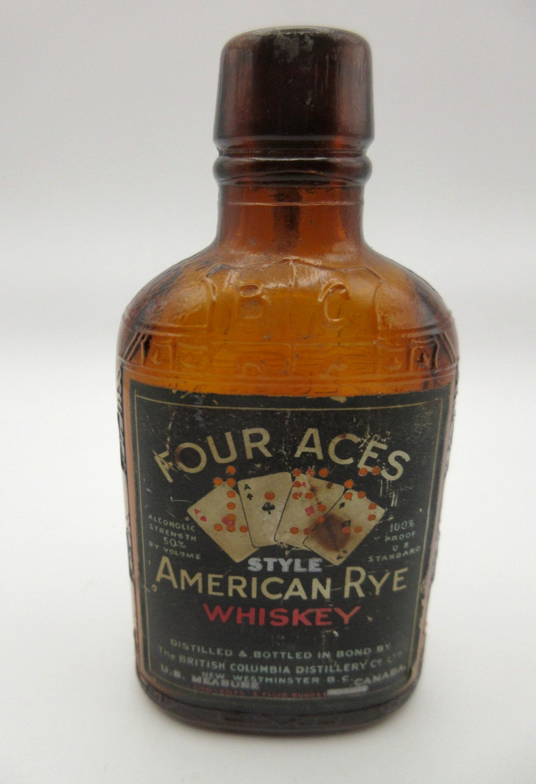 RARE! 4" Antique FOUR ACES Rye Whiskey Mini Bottle British Columbia Canada Empty