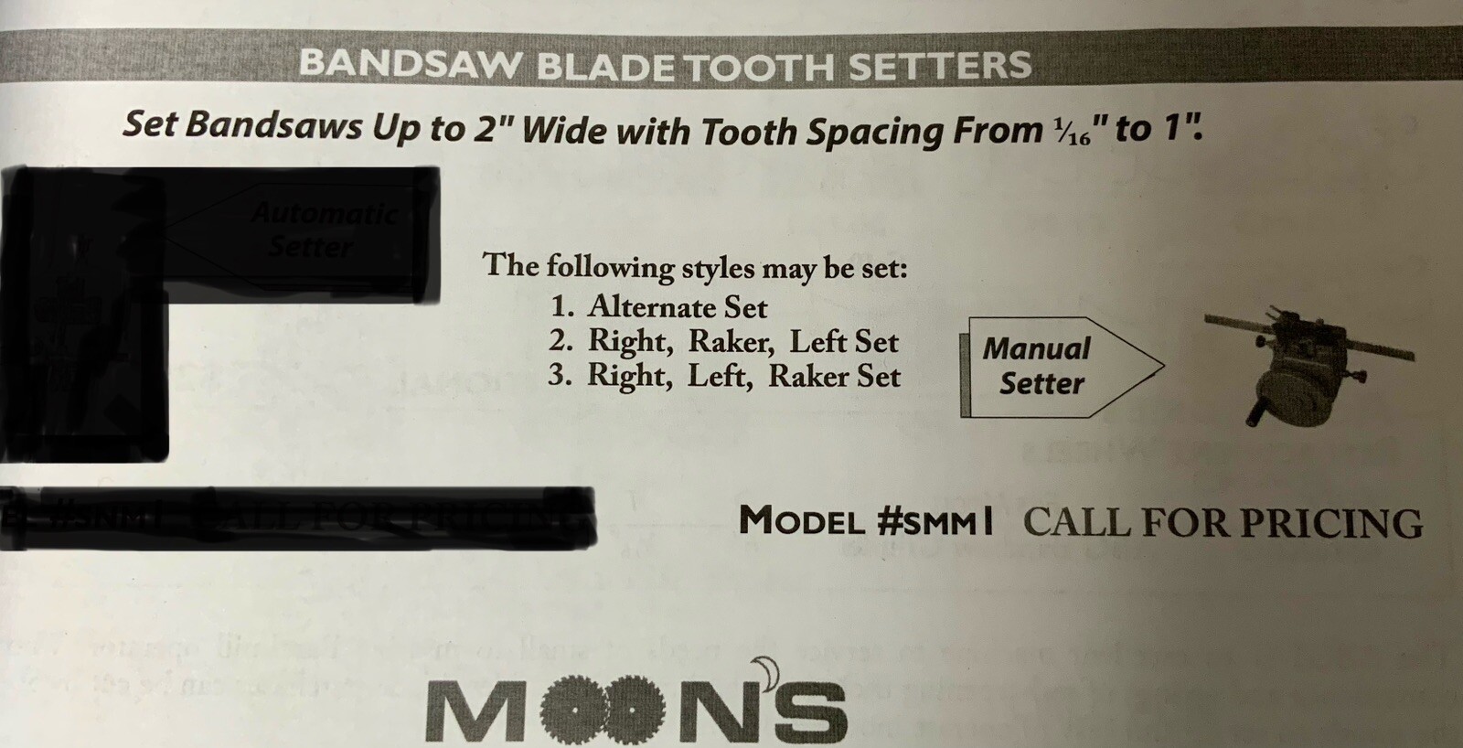 MOONS / OSAMA SEMI AUTO BANDSAW TOOTH SETTER UP TO 2” WIDE 1/16” TO 1” PITCH NEW