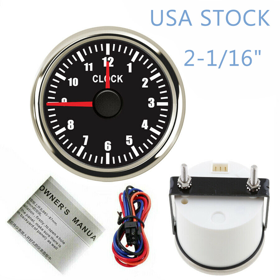 52MM 2-1/16" clock gauge 12hours waterproof for car truck marine yacht USA STOCK