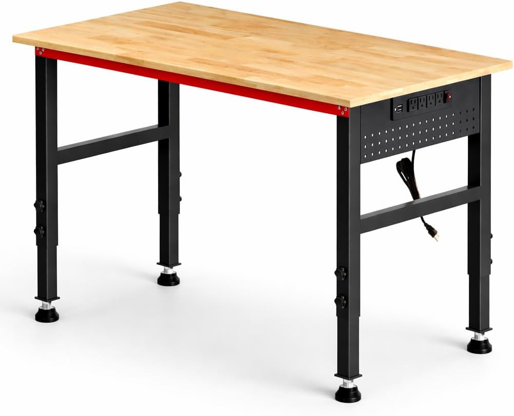 48" Workbench with Feet, Adjustable Height Workbench with Power Strip & Pegboard