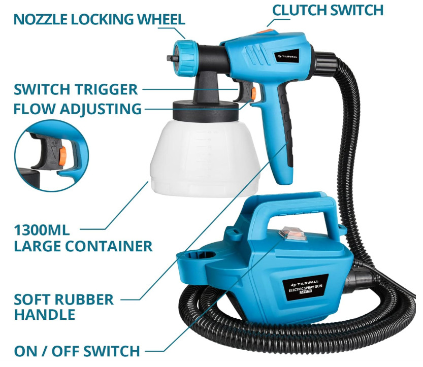Pulverizador HVLP 800W, 1300 ml, 3 boquillas, ideal para muebles y cercas.