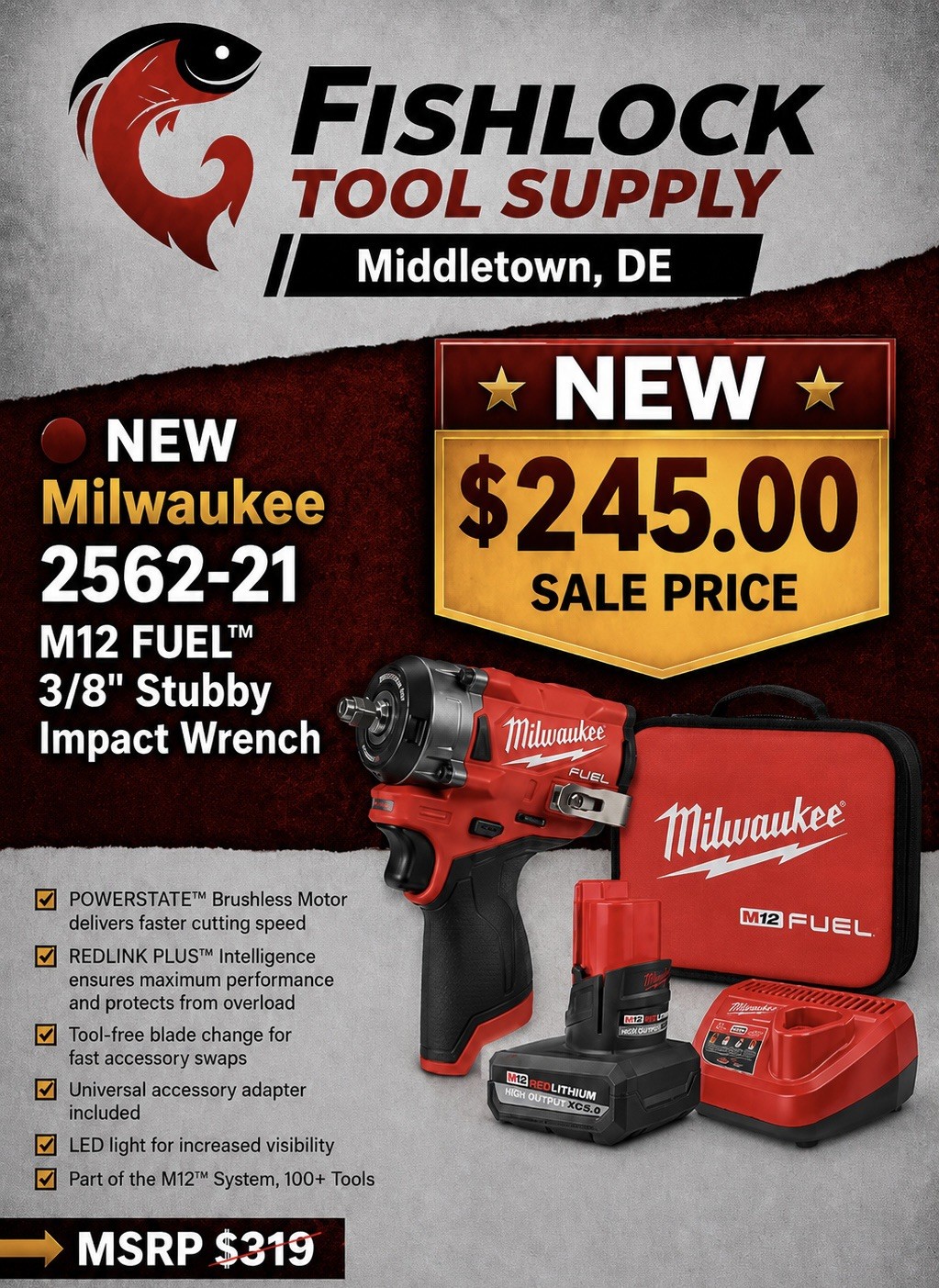 New Milwaukee 2562-21 Kit With 3/8 Stubby, Charger and Battery.