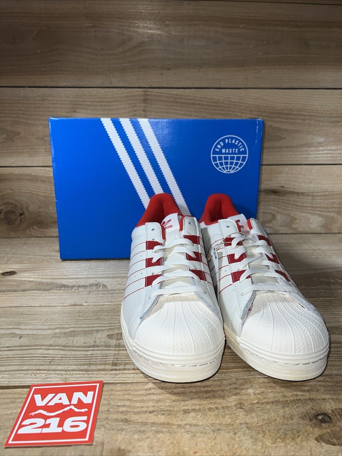 NEW SZS 11-12: Men's Adidas Superstar Low Shell Toe Leather Shoe White/Vivid-Red
