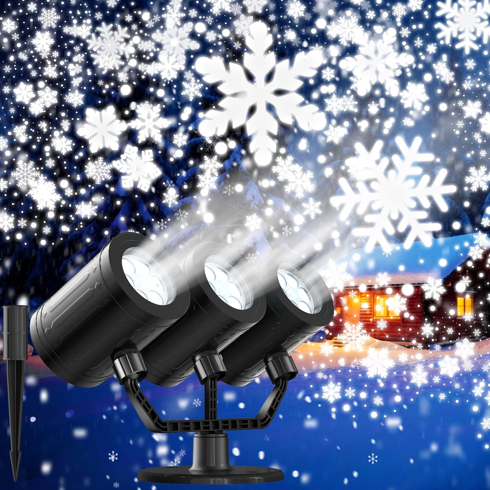 Snowflake Christmas Projector Triple-head Light, Black