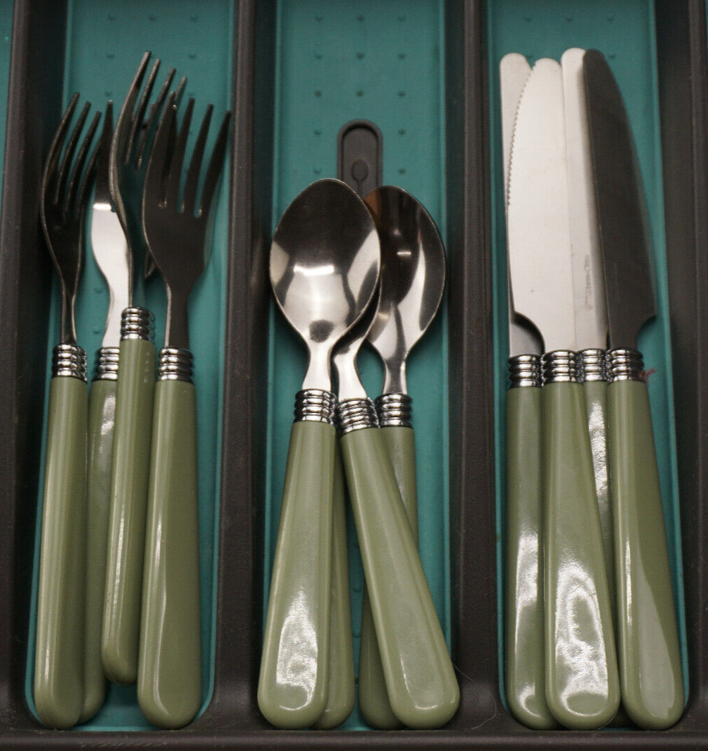 Gibson Stainless Green Plastic Handle 12 Pieces Forks, Spoons, Knives