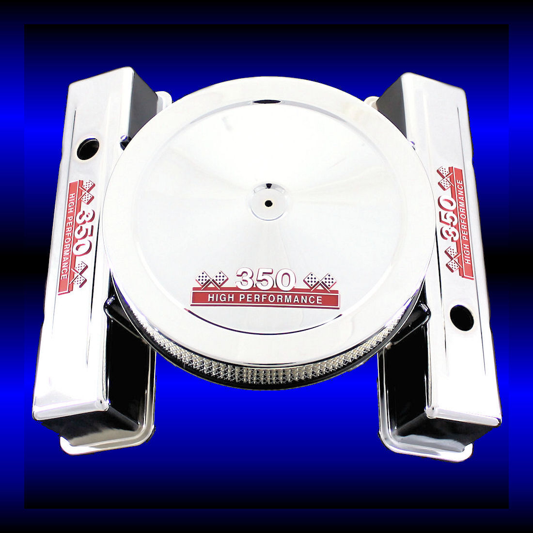 Chrome Tall Valve Covers and Air Cleaner Fits Chevy 350 Engine Red HP Emblems