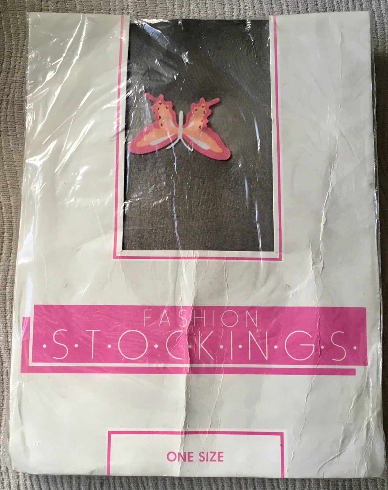 FASHION STOCKINGS ~ ONE SIZE ~ BUTTERFLY MOTIF ON ANKLES ~ NEARLY BLACK SHADE