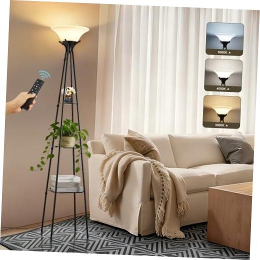Upgraded Floor Lamp with 3-Tier Shelves & Remote - 69-Inch Metal - Remote