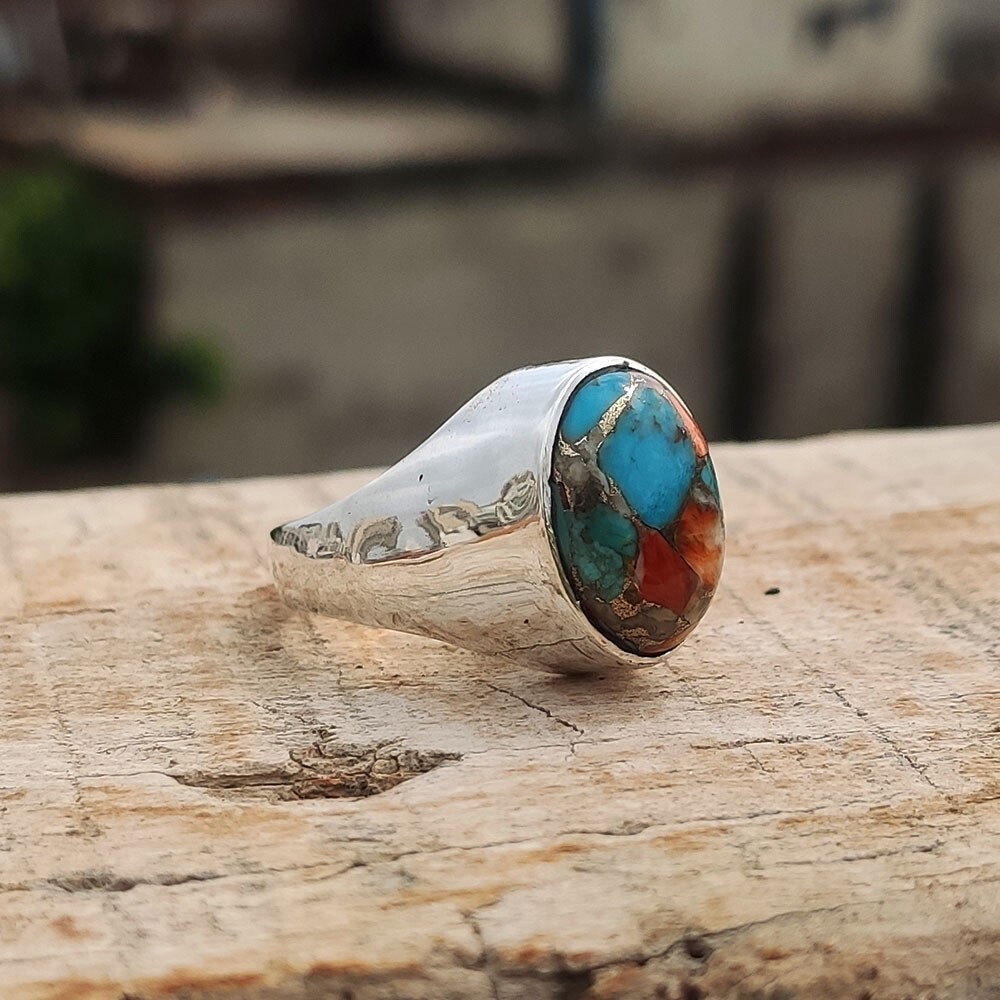 Oyster Copper Turquoise Stone 925 Solid Silver Handmade Ottoman Men's Rings M190