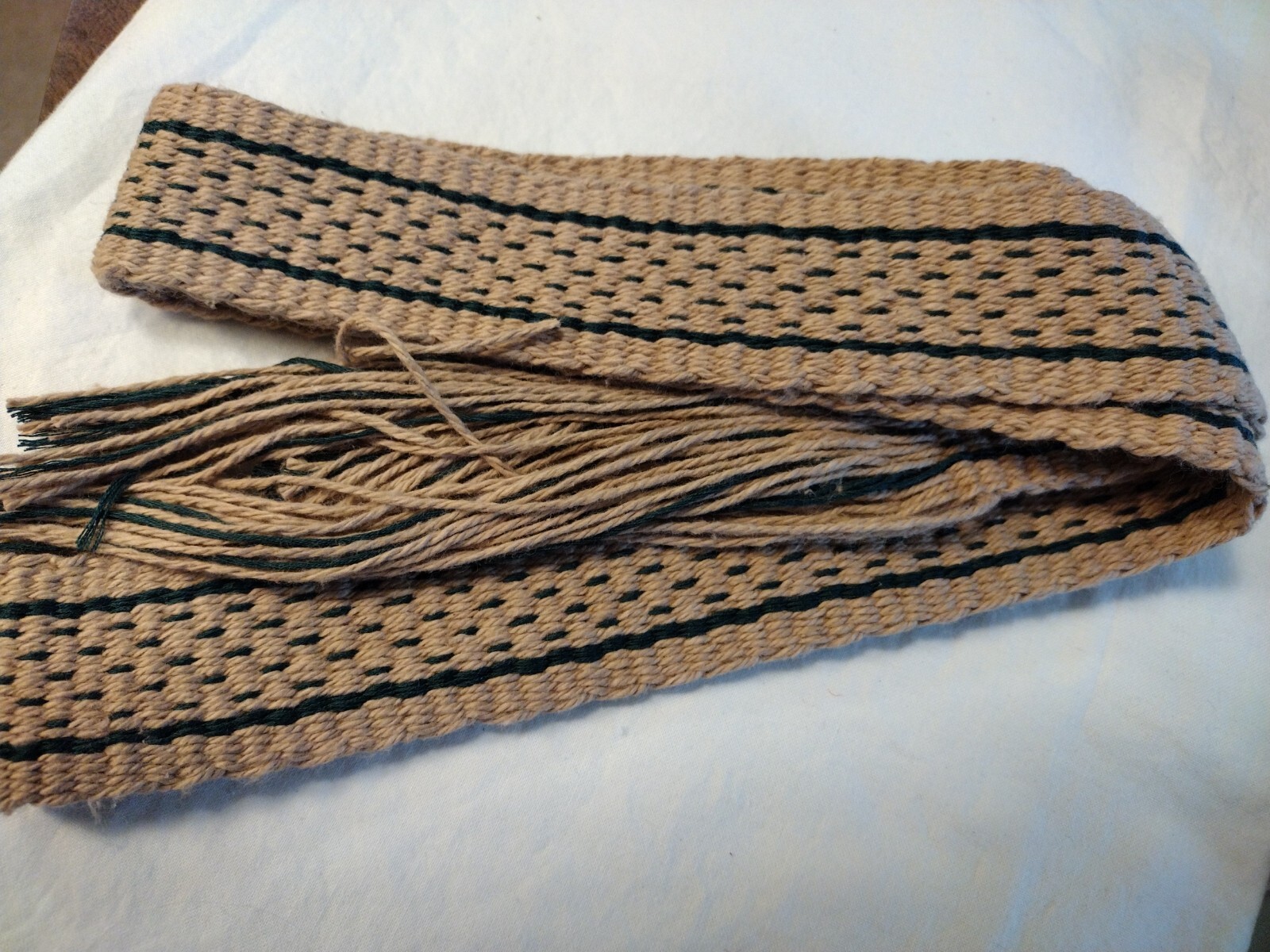 Item91222 Powder horn strap belt natural flax and cotton dark green 54" x 1 3/4"
