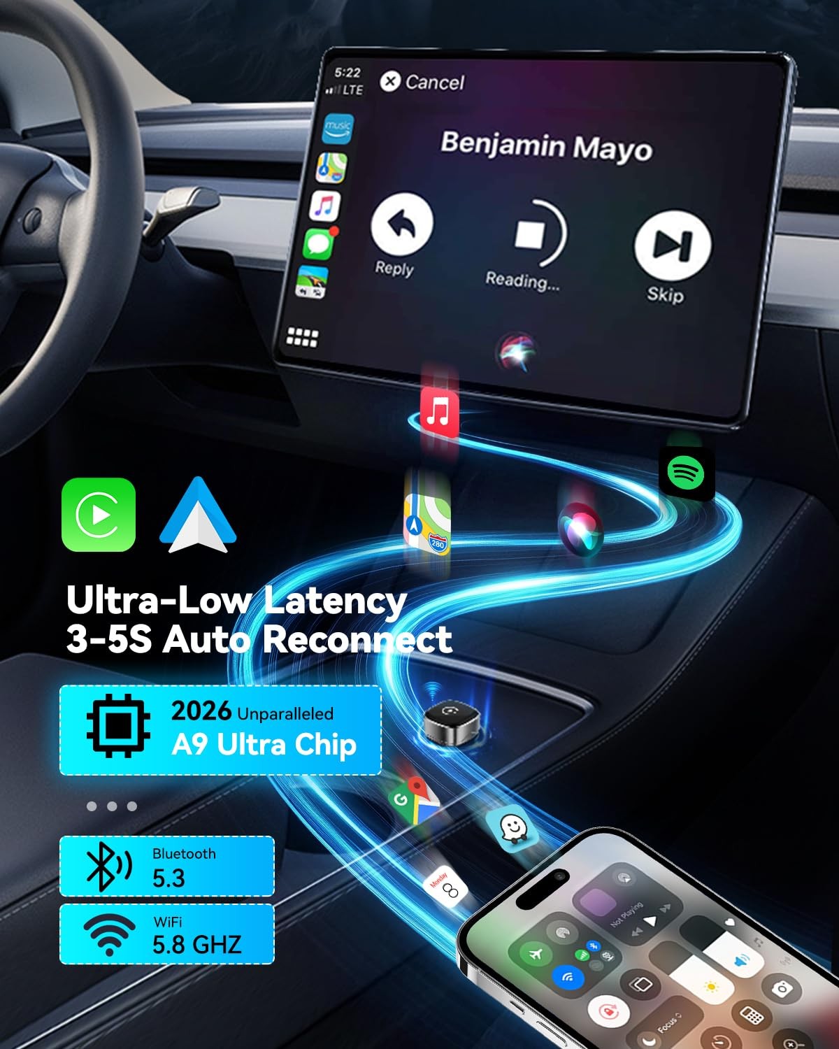 2026 Ultra Mini Wireless Carplay Adapter for iPhone & Android Auto, USB for A...