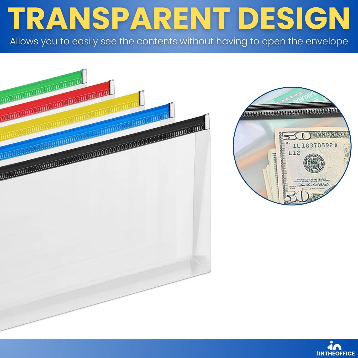 5 PCS Assorted Colors Plastic Filing Envelopes Zipper Closure Letter Size