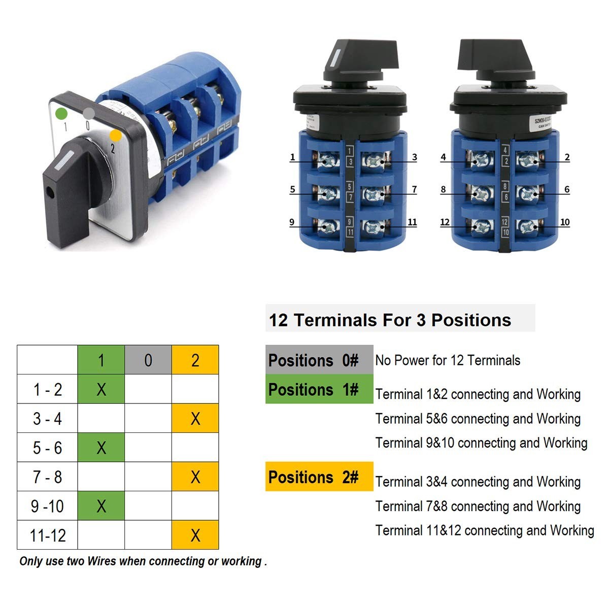 Durable 12-Terminal Rotary Switch with 3-Position Circuit Selection Capability