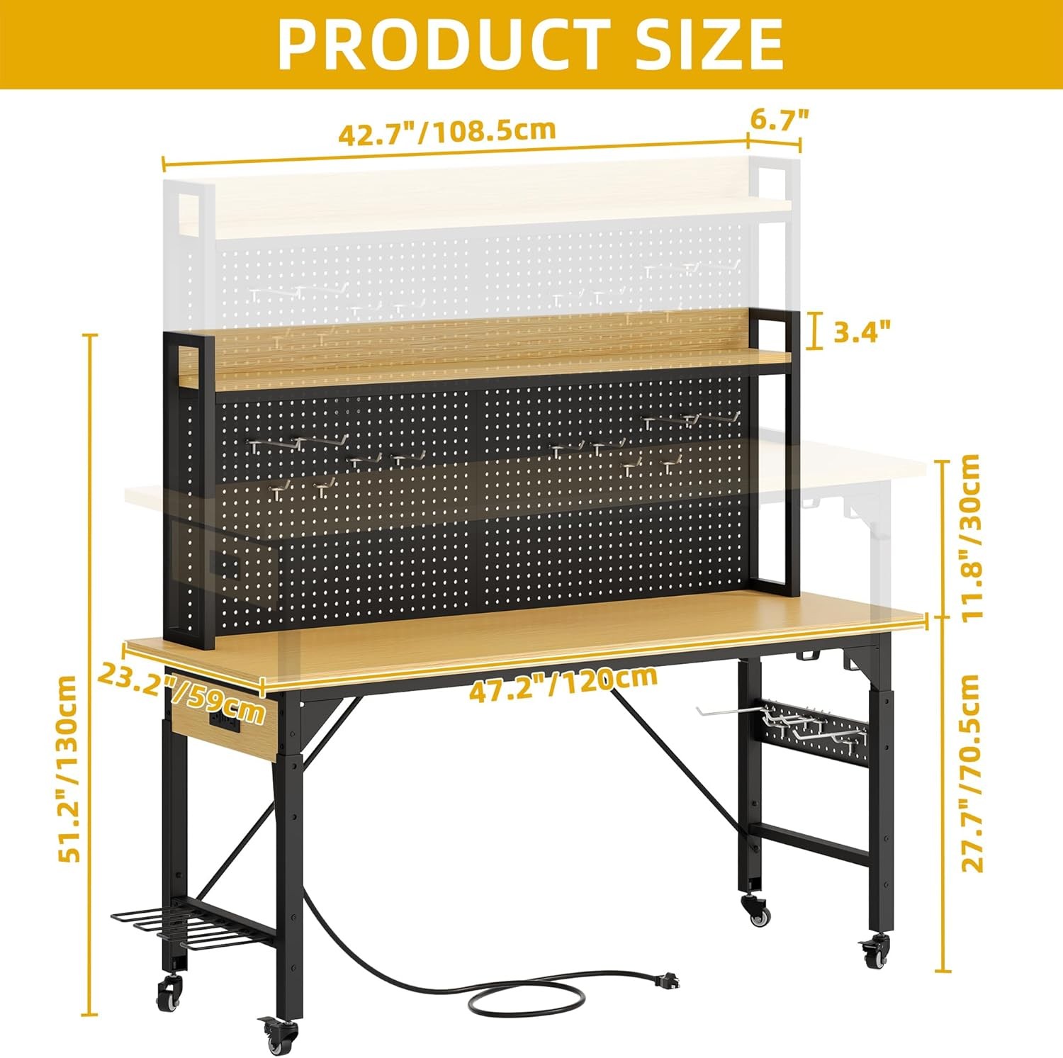 DWVO Workbench 48in Rolling AC Outlet Pegboard