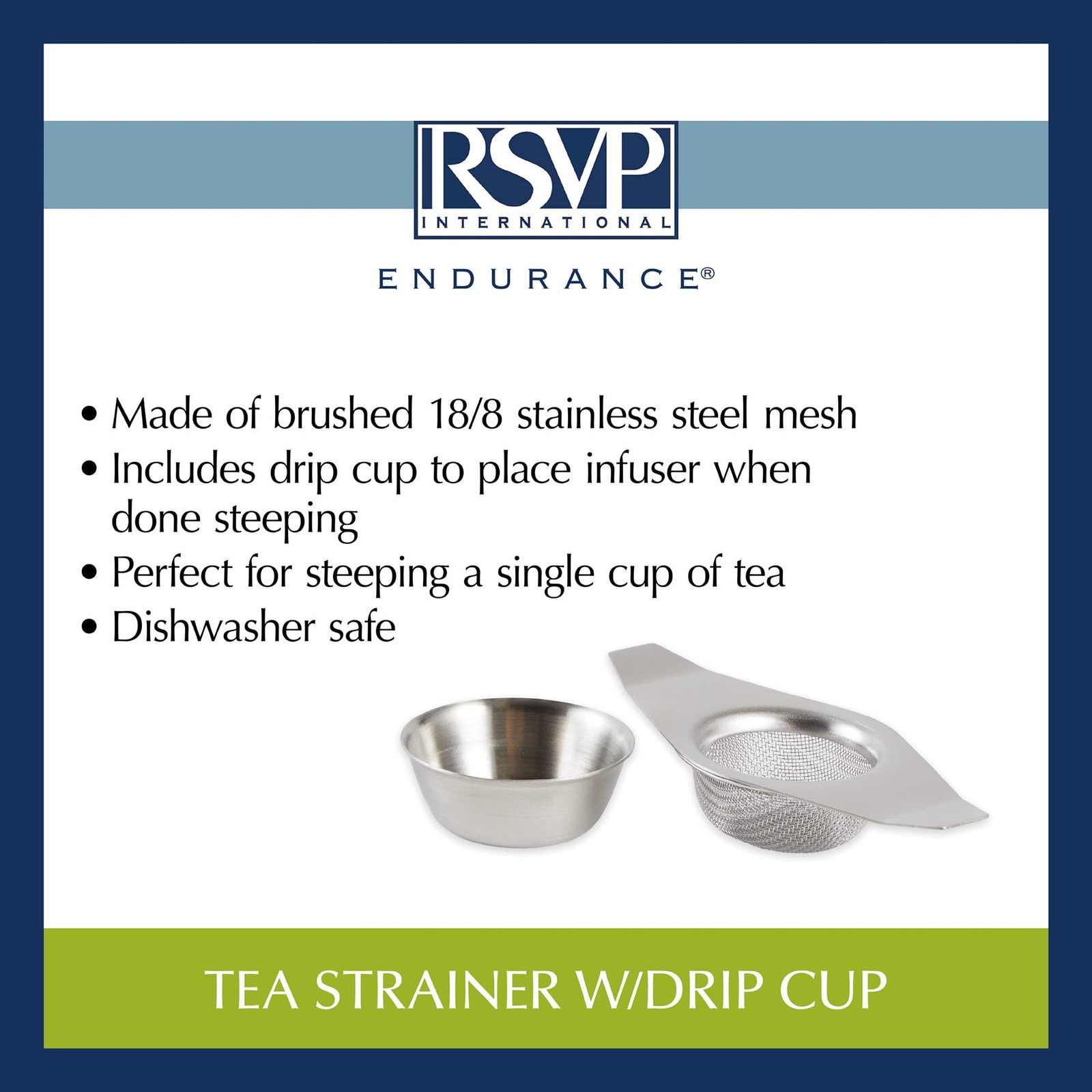 RSVP International Tea Strainer Collection Strainer w/ Drip Cup Metal Mesh 5"