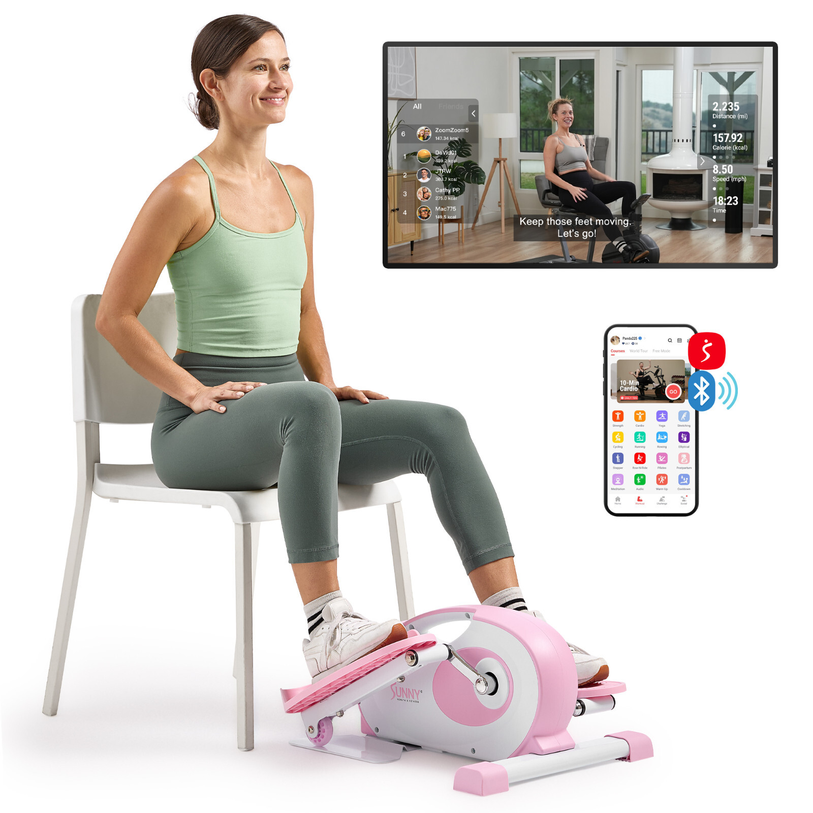 Sunny Health & Fitness Smart Pink Under-Desk Portable Elliptical Trainer - P2420