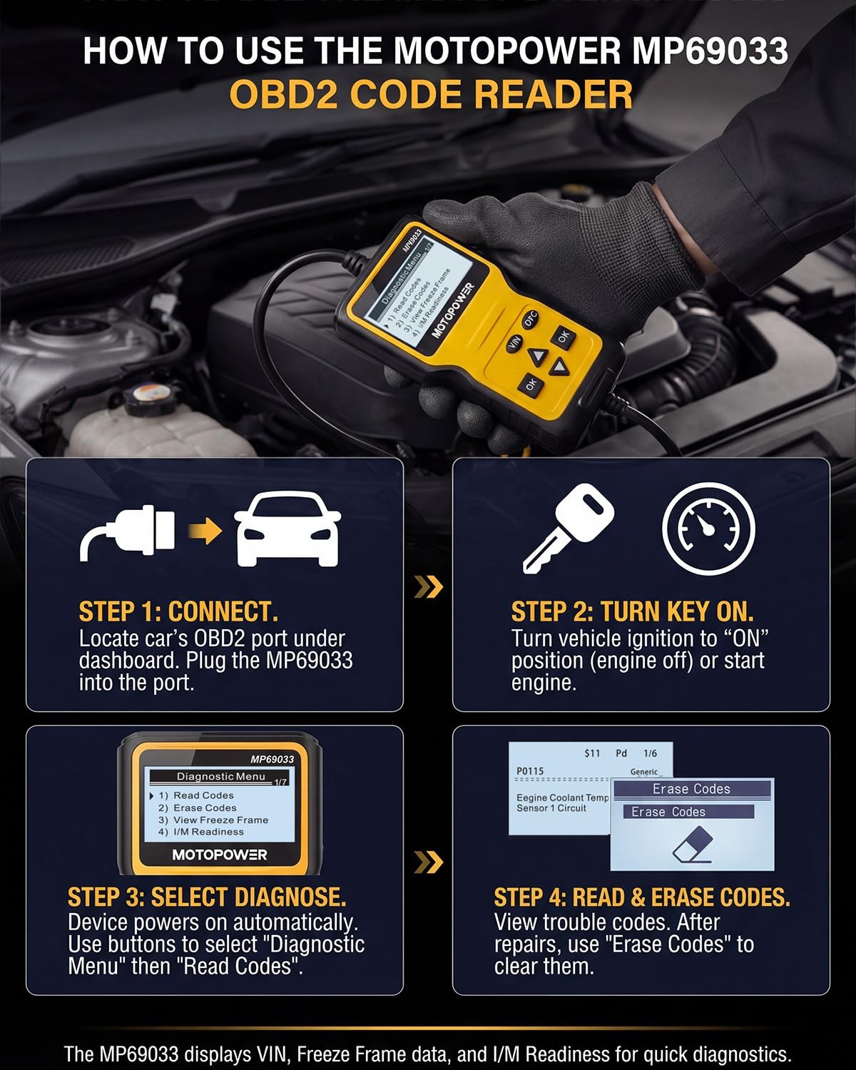 MOTOPOWER MP69033 Car OBD2 Scanner Code Reader Engine Fault Portable, Yellow