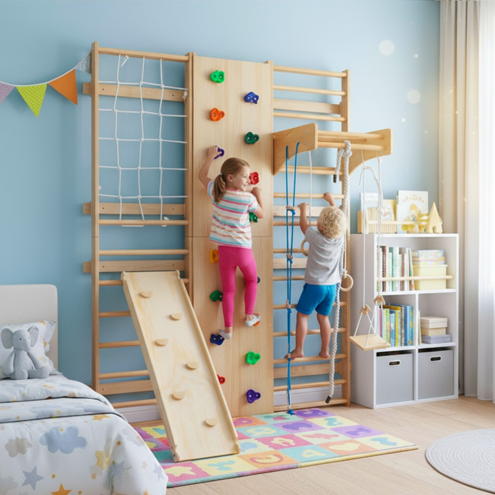 Indoor Climbing Set Rock Climbing Wall Wooden Swings Gymnastic Rings Rope Ladder