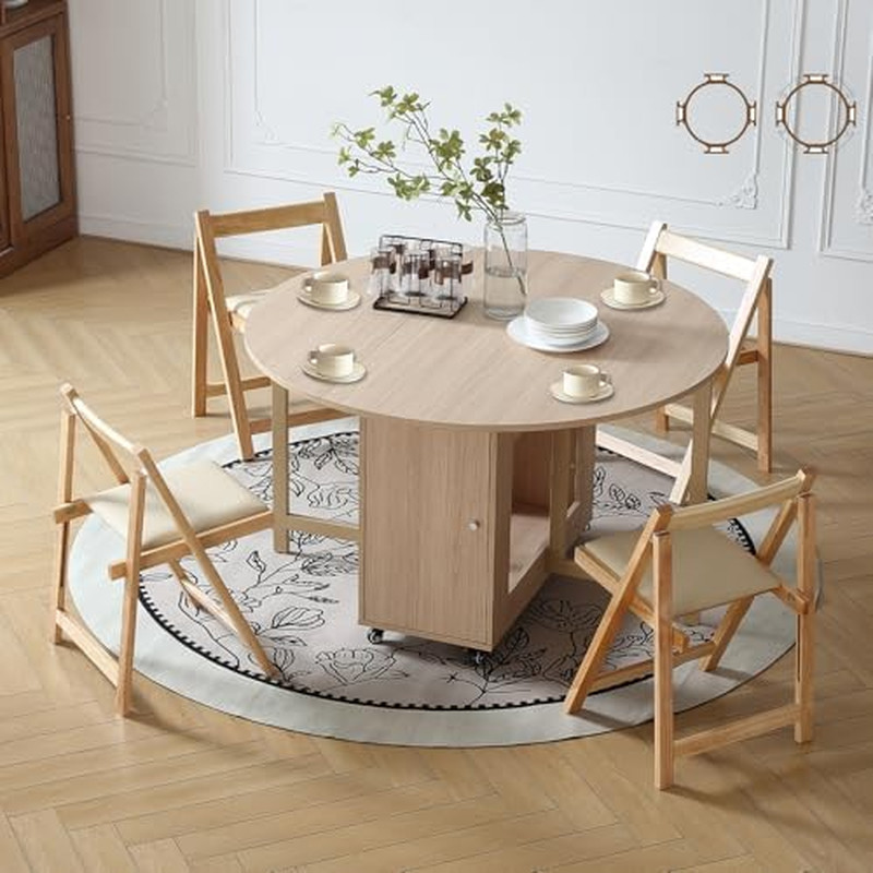 Wood round Folding Dining Table with 4 Chairs, 47.3" Space Saving Foldable Dinin