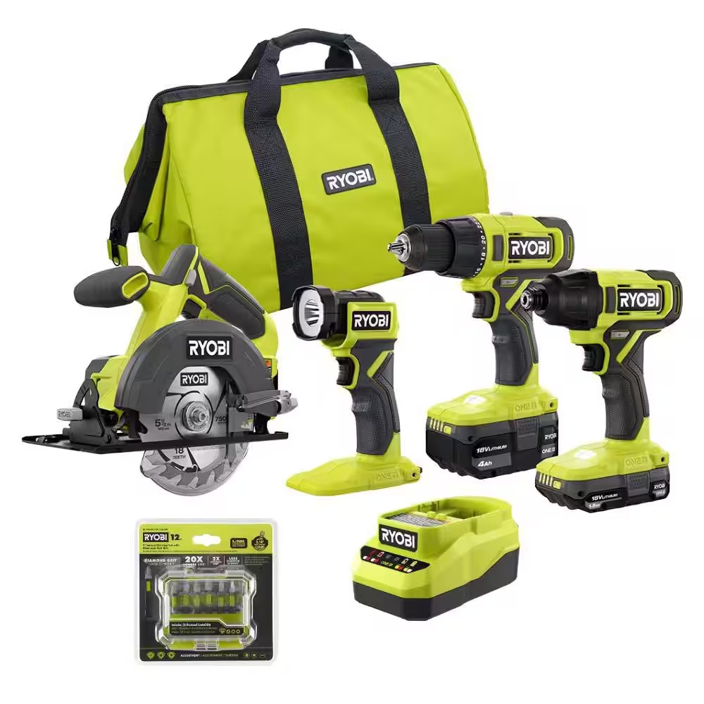 ONE+ 18V Cordless 4-Tool Combo Kit with 1.5 Ah Battery, 4.0 Ah Battery, Charger,