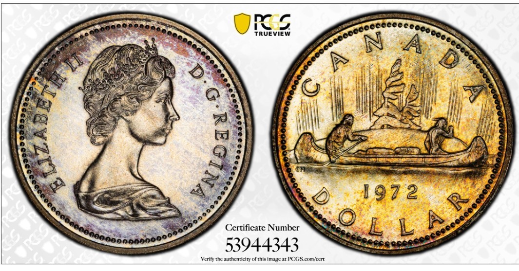 1972 Silver Canadian Voyageur Toned $1 Dollar Coin PCGS SP65 W/ True View