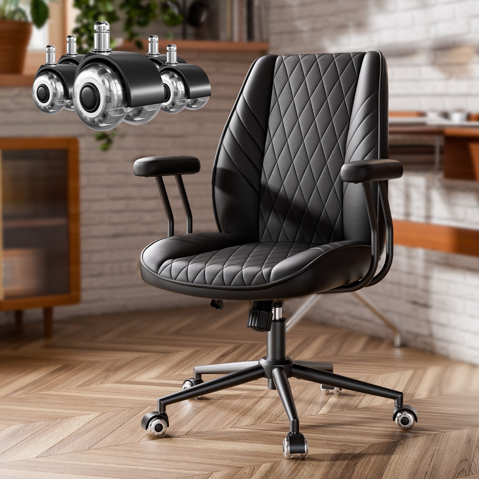 Mid Century Office Chair Quiet Rollers Adjustable Height Padded Arms PU Leather