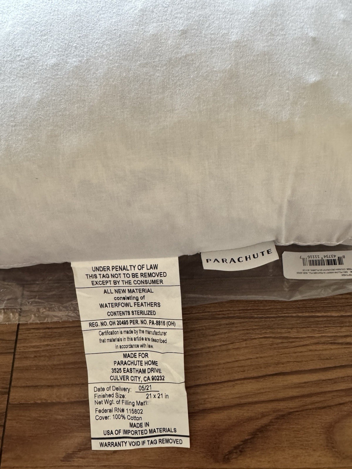 1- (Singular)PARACHUTE 100% Natural Down Feather Euro Pillow Insert 20x20 New!
