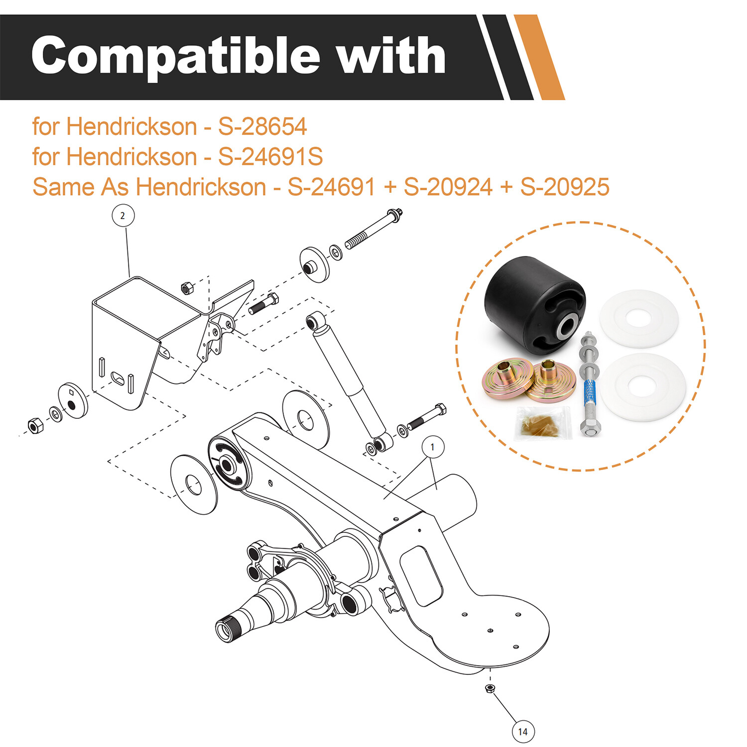 For Hendrickson Quick Align Pivot Bolt Bushing Kit with Alignment Collars 24691S