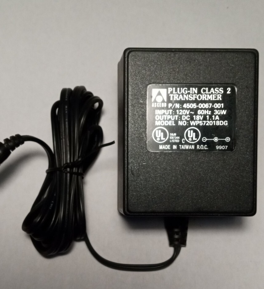 ASCEND PLUG-IN CLASS 2 TRANSFORMER 4505-0067-001 18VDC 1.1A BARREL PLUG