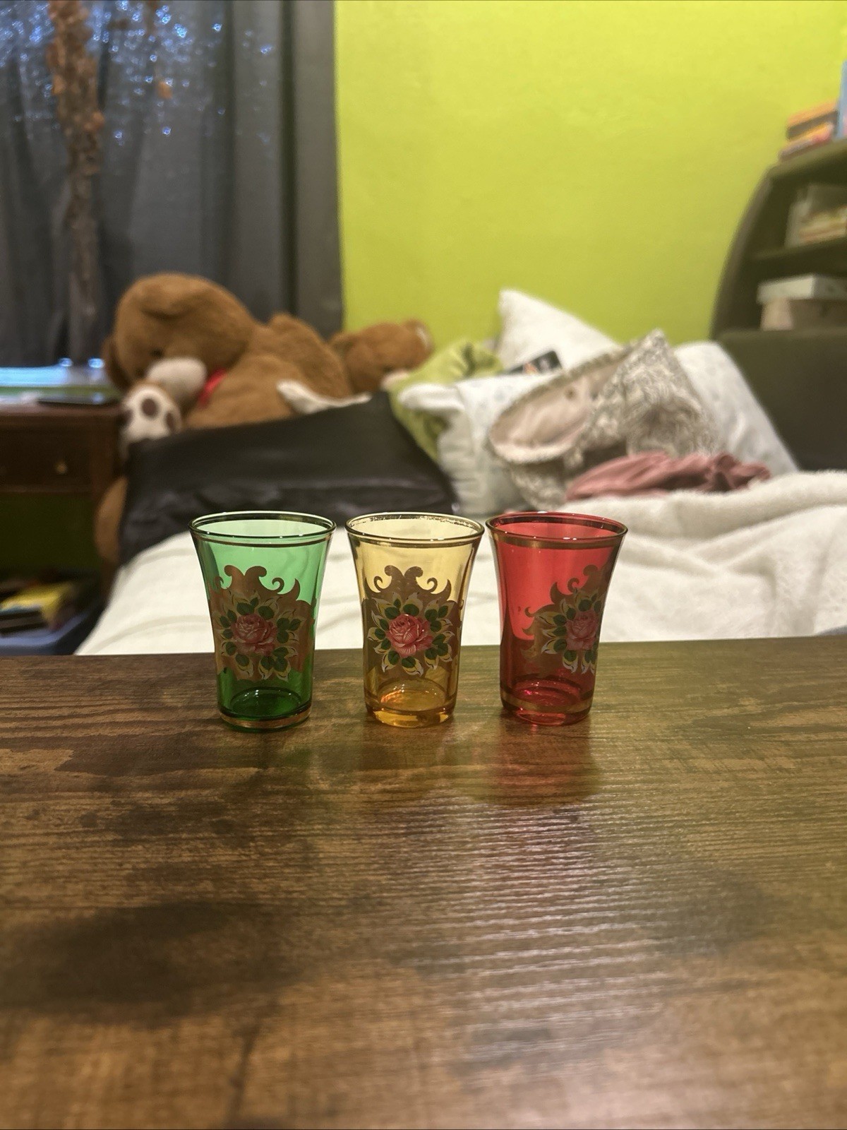 Set Of 3 Vtg Bohemian Italian Floral Art Shot Glasses Green, Yellow, Red